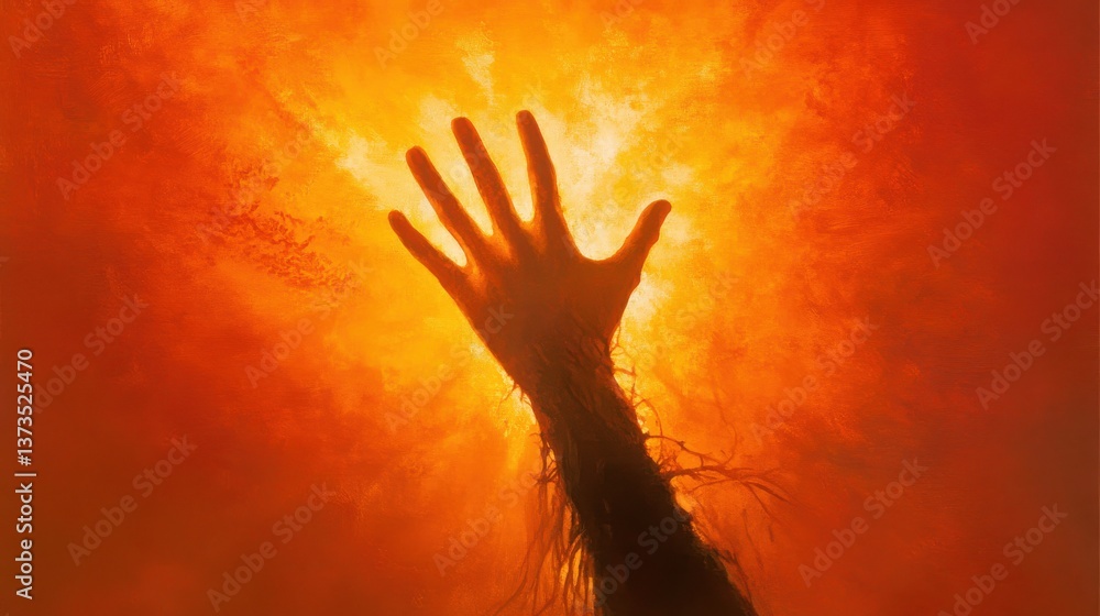 Hand Reaching Towards Bright Fiery Light in Abstract Art Hand Reaching Towards Bright Fiery Light in Abstract Art
