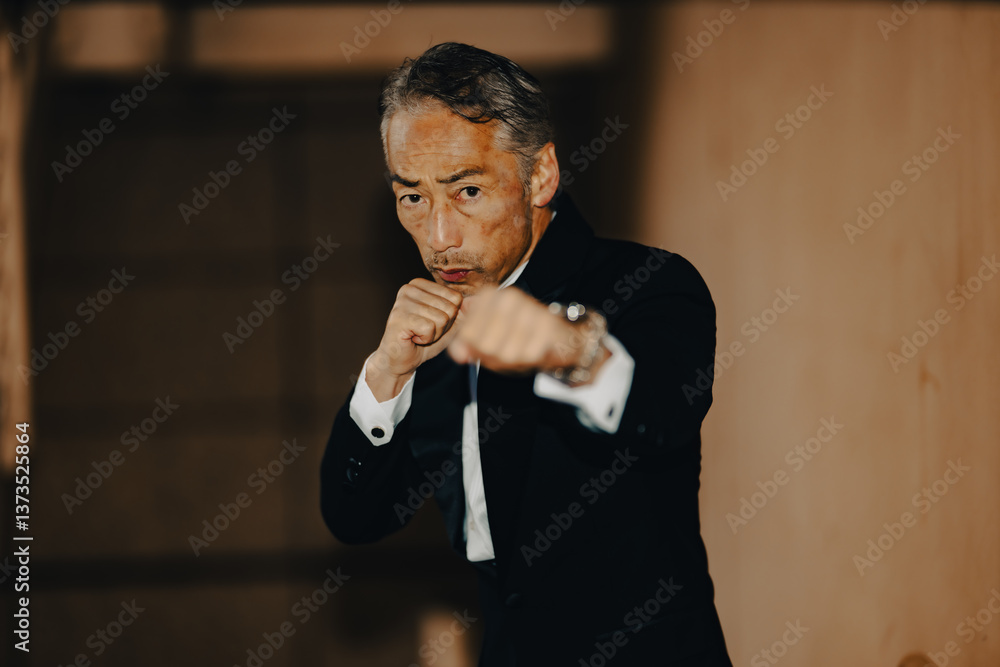 パンチを繰り出す、戦うシニア男性