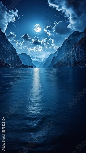 Moonlight reflecting on lake, mountains, clouds, serene scene
