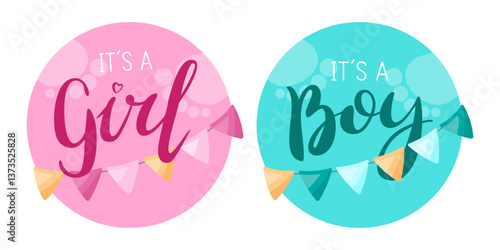Pink and blue gender reveal frames with Its a Girl and Its a Boy text. Ideal for baby shower invitations.