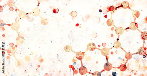 Horizontal banner with abstract molecular structure and bright colorful watercolor splash. Creative science backdrop with paint dots and atom model on retro paper texture. Copy space for your text