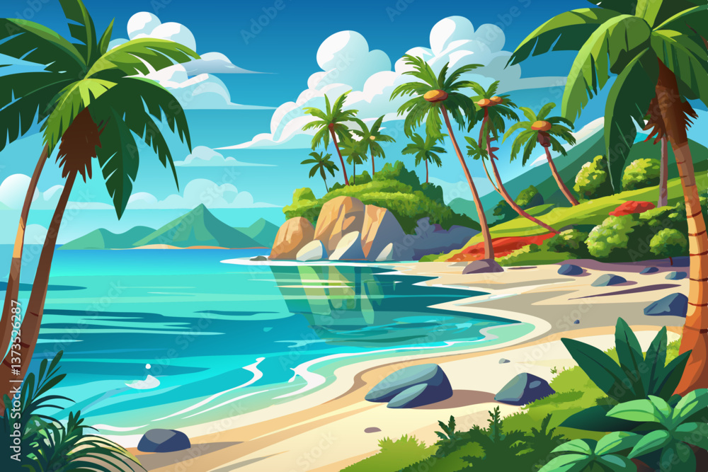 A serene beach panorama with lush palm trees and crystal-clear waters on a tropical island A serene beach panorama with lush palm trees and crystal-clear waters on a tropical island