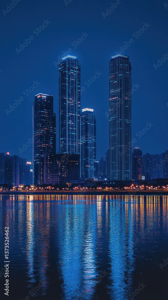 Obraz premium Illuminated Skyscrapers Reflecting on Water at Night in a Modern Cityscape
