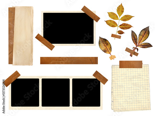 Collection of vintage elements for scrapbooking. Nostalgic set of retro photo, paper sheets, fixed adhesive tape stripes, dry pressed leaf, paper tag. Mockup template. Isolated on white background