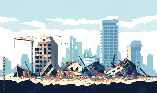 Urban Destruction Aftermath: Minimalist Vector of Demolished Cityscape and Ruins