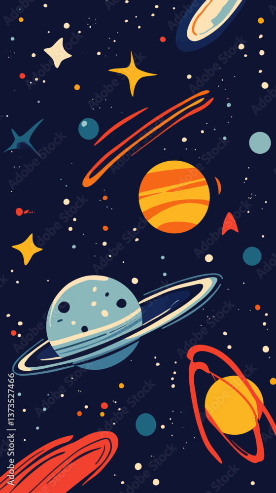 Naklejka premium Colorful Flat Minimalist Universe Poster with Planets and Stars in Vector Style