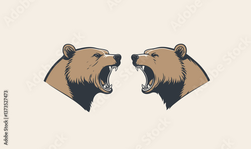 Minimalist Engraved Bear Growling Heads Vector Illustration for Logos