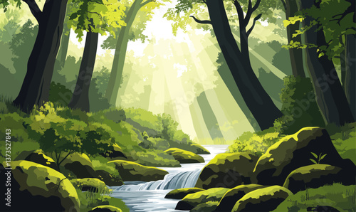 Serene Forest Glade with Sunlit Stream and Moss-Covered Rocks for Tranquility and Meditation