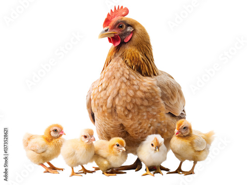 Hen with its chicks isolated on transparent background