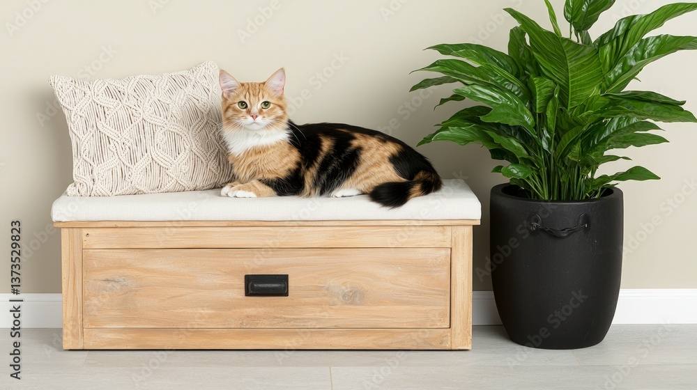 Cute Cat Relaxing on Wooden Bench with Macrame Pillow Plant