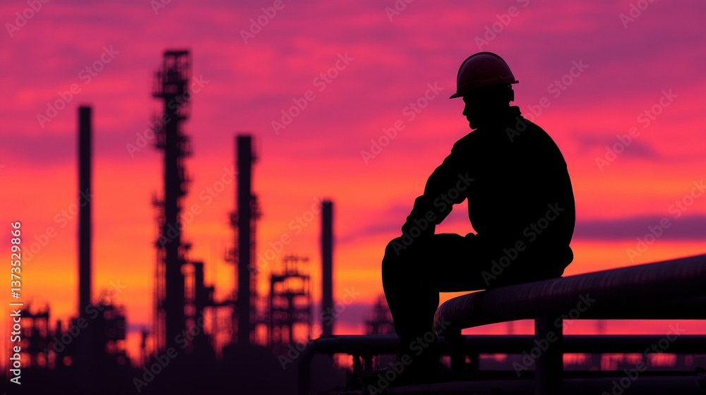 Industrial Worker Silhouette at Sunset Refinery Energy Labor Hard Hat