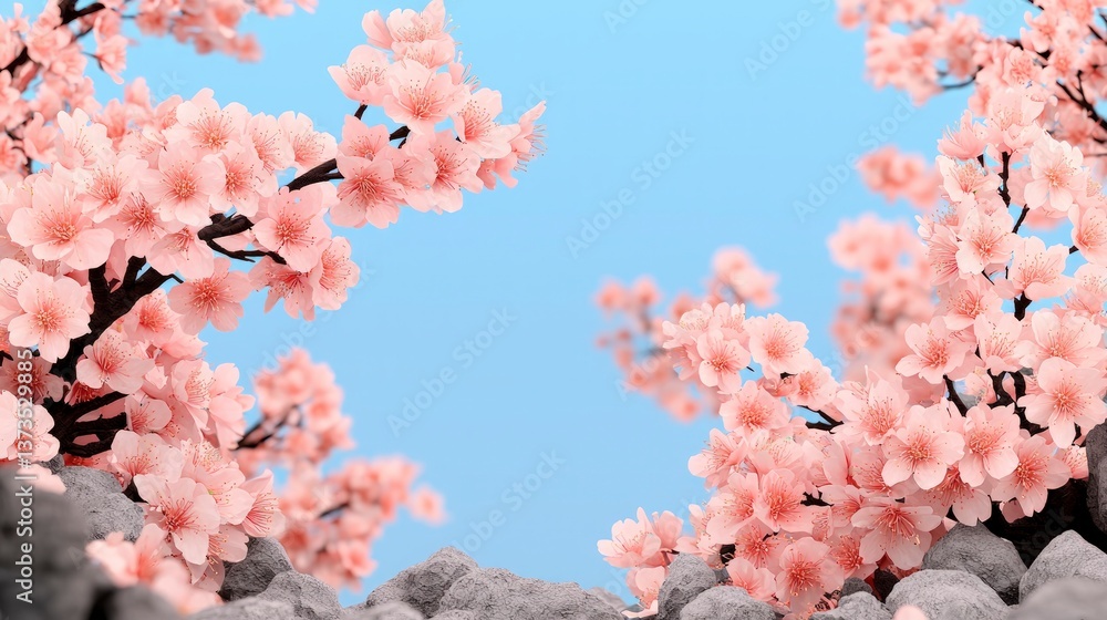 Pink Cherry Blossoms Spring Flowers Stone Blue Sky Nature Scene Floral Background