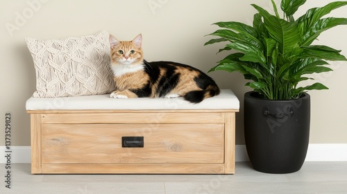 Obraz na płótnie Cute Cat Relaxing on Wooden Bench with Macrame Pillow Plant w salonie