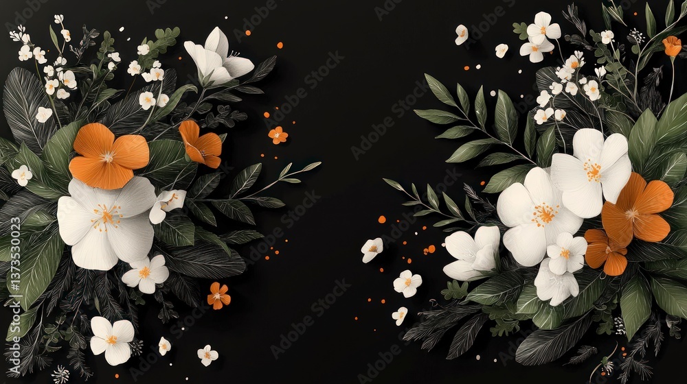 Elegant Black White Floral Arrangement Botanical Illustration Wedding Greenery Flow
