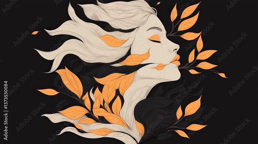 AI Art Graceful Woman Autumn Leaves Elegant Minimalist Portrait
