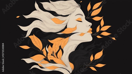 Obraz na płótnie AI Art Graceful Woman Autumn Leaves Elegant Minimalist Portrait w salonie