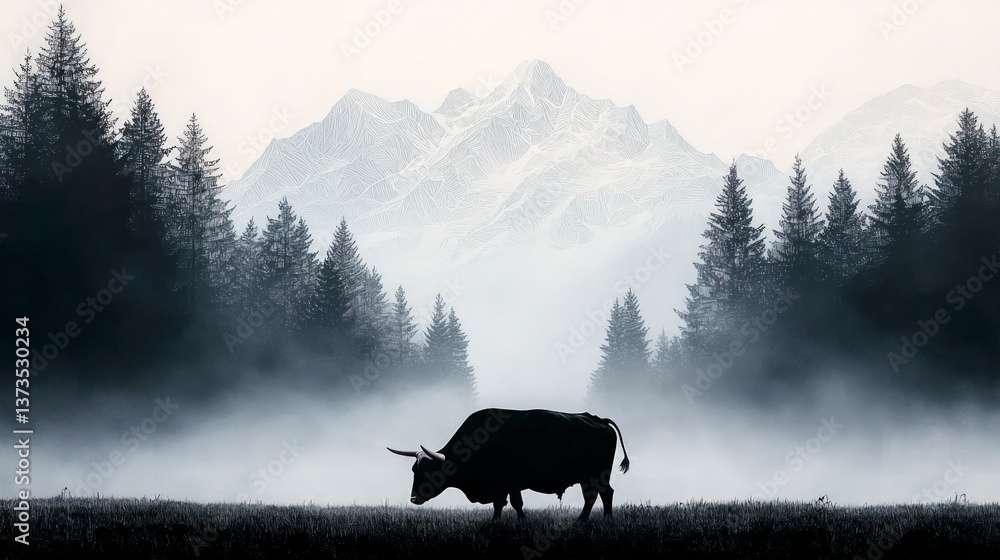 Majestic Bull in Foggy Alpine Meadow Mountain Sketch