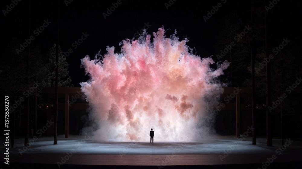Man Silhouetted Against Pink Smoke Explosion at Night