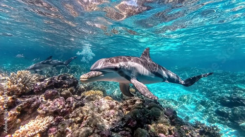 Dolphins swimming in vibrant coral reef  underwater ocean wildlife scene