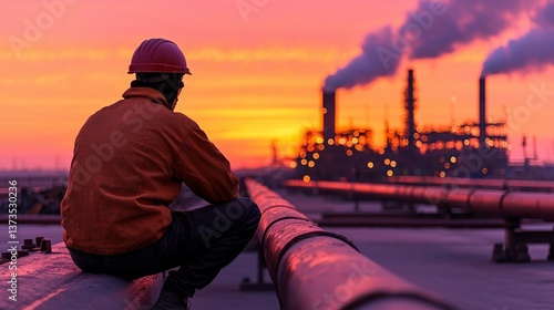 Industrial Worker Sunset Silhouette  Refinery  Pipes  Energy  Labor
