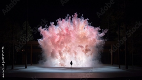 Obraz na płótnie Man Silhouetted Against Pink Smoke Explosion at Night w salonie