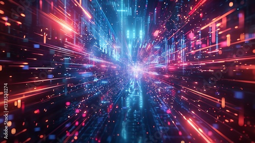 Abstract Digital Data Stream Futuristic Technology Background with Vibrant Red and Blue Light Trails