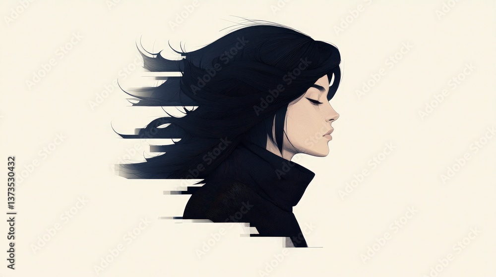Elegant Woman AI Art Surrealist Style Black and White Profile Long Hair Digital Ill