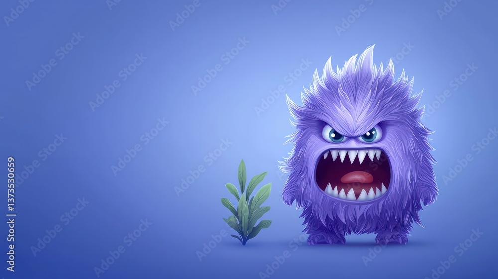 Cute Purple Monster Cartoon Angry Expression Illustration Digital Art Furry Creature