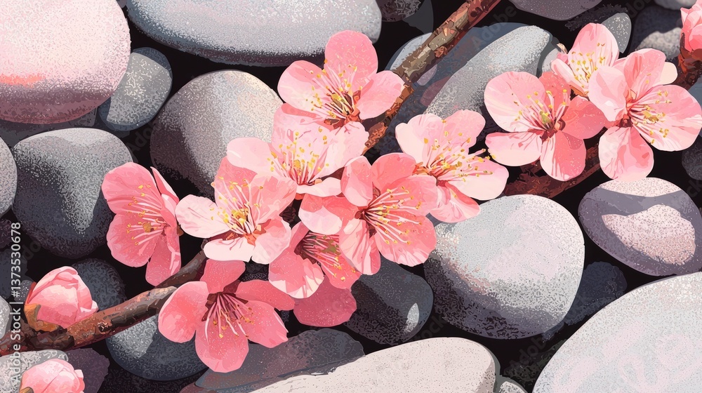 Pink Blossoms on Grey Stones Serene Nature Illustration