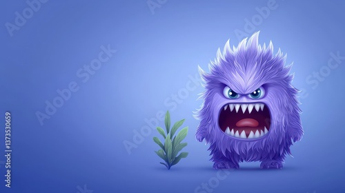 Obraz na płótnie Cute Purple Monster Cartoon Angry Expression Illustration Digital Art Furry Creature w salonie