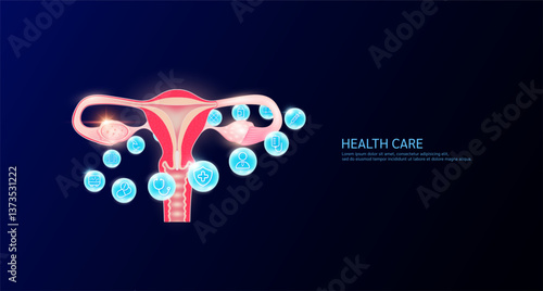 Female uterus anatomy with medical icon sign symbol inside glowing ball surrounded. Human organ on dark blue background. Medical science health care concept. Banner Vector.