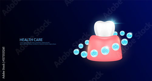 Tooth gum anatomy with medical icon sign symbol inside glowing ball surrounded. Human organ on dark blue background. Medical science health care concept. Banner Vector.
