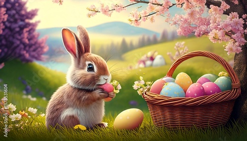 Easter card, Easter scenery with spring flowers, colorful Easter eggs, a basket full of eggs, a bunny and a delicate background in pastel colors.