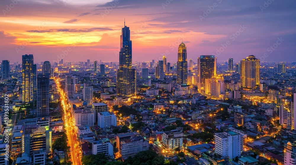 Fototapeta premium Cityscape sunset view bangkok urban landscape photography nighttime atmosphere aerial perspective vibrant city lights