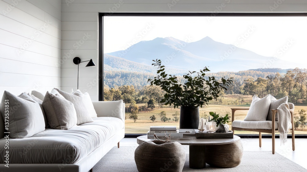 Serene Living Room Mountain View Modern Sofa Cozy Interior Design