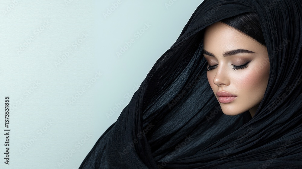 Mysterious Woman Black Veil Elegant Portrait Fashion Beauty Studio Shot