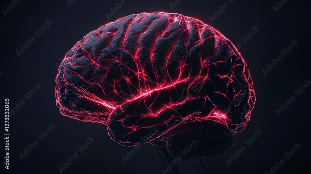 Glowing Human Brain Neural Network Red Lines Mind Power Intelligence Neurology 3D R