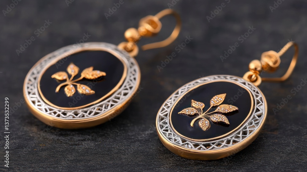 Elegant Gold Silver Oval Earrings with Black Enamel Leaf Design
