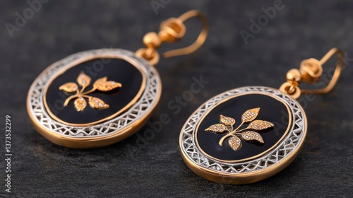 Obraz na płótnie Elegant Gold Silver Oval Earrings with Black Enamel Leaf Design w salonie