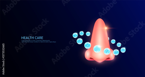 Nose anatomy with medical icon sign symbol inside glowing ball surrounded. Human organ on dark blue background. Medical science health care concept. Banner Vector.