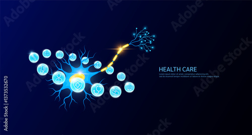 Nerve cell with medical icon sign symbol inside glowing ball surrounded. Human organ on dark blue background. Medical science health care concept. Banner Vector.