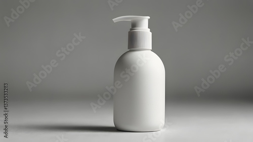White matte bottle with dispenser for cosmetic products on light background