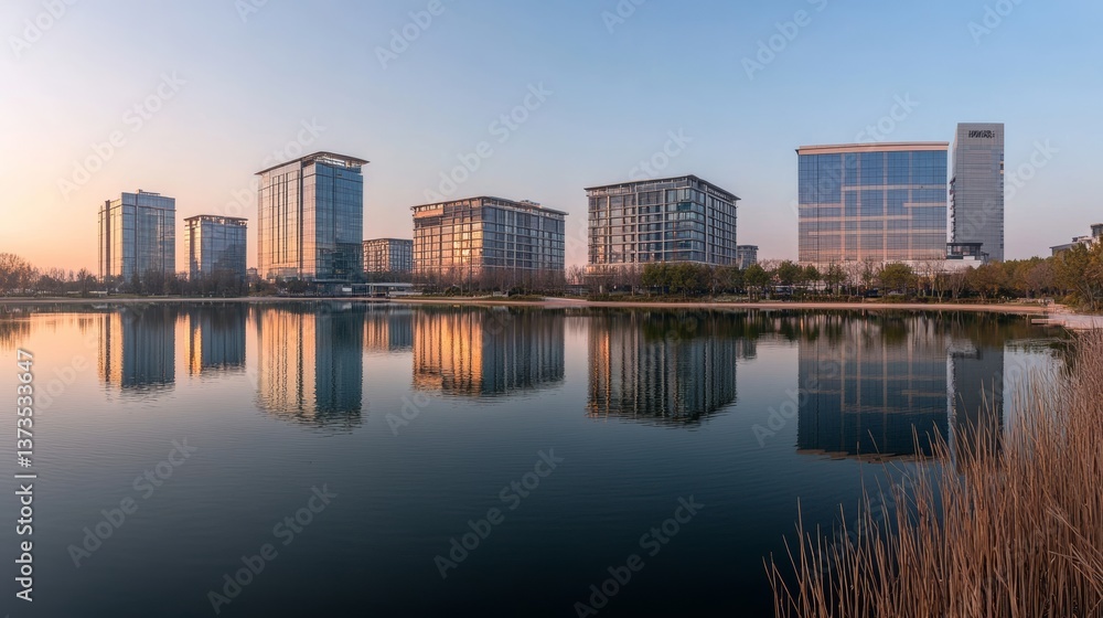 Obraz premium A panoramic view of the new high-rise buildings along West Lake in Hangzhou, China, reflecting the surrounding scenery and creating an overall urban landscape style