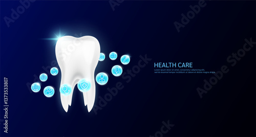 Tooth with medical icon sign symbol inside glowing ball surrounded. Human organ on dark blue background. Medical science health care concept. Banner Vector.