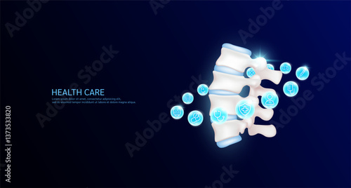Vertebral anatomy with medical icon sign symbol inside glowing ball surrounded. Human organ on dark blue background. Medical science health care concept. Banner Vector.