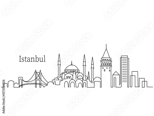 Linear panorama of the city of Istanbul in Turkey. skyscrapers and modern architecture. vector illustration continuous line on a white background