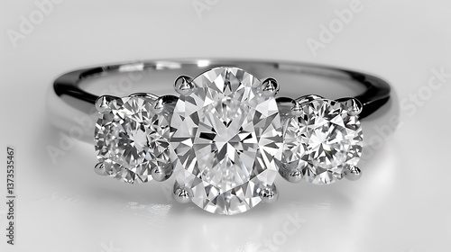 Stunning Three Stone Diamond Engagement Ring with Oval Center Stone Sparkling Platinum Band
