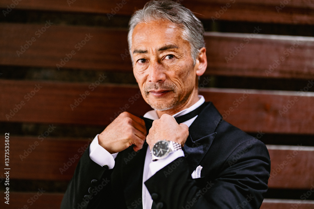 木製の壁を背にタキシードを着たシニア男性のポートレート