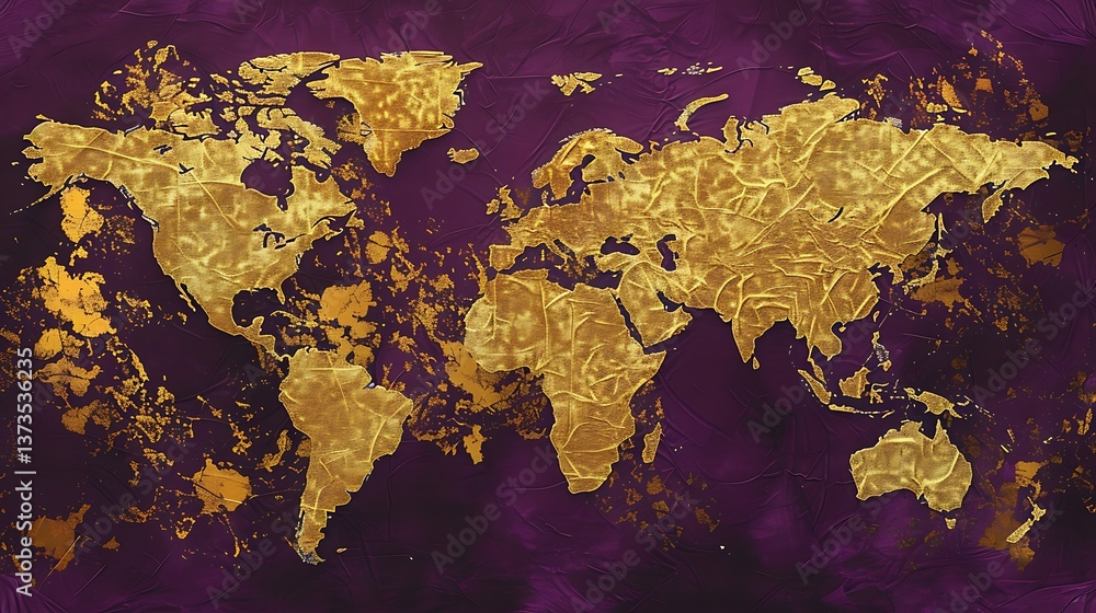 Golden World Map on Purple Textured Background Elegant Global Art Design Golden World Map on Purple Textured Background Elegant Global Art Design