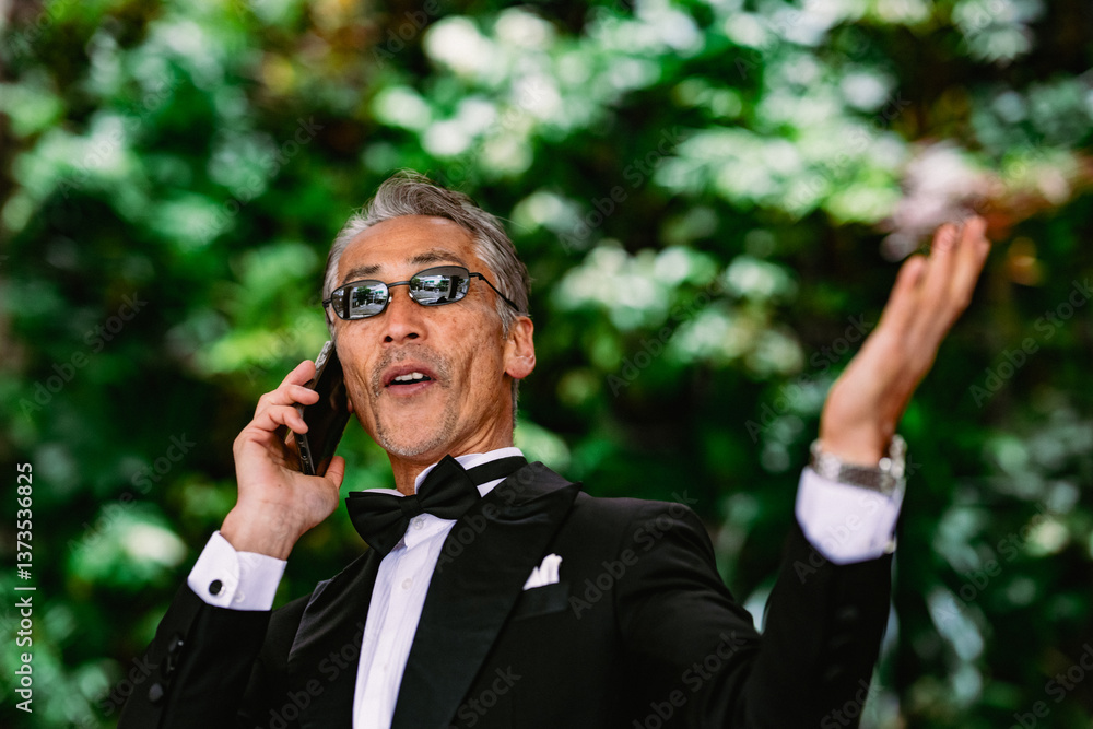 緑の森の中で電話するシニア男性